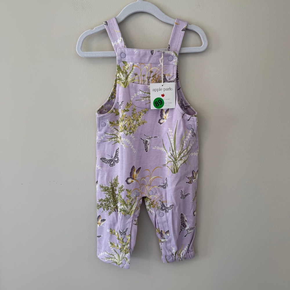 Apple Park Lala Curio Organic Cotton Overalls Purple Butterfly Baby 6-12M NWT